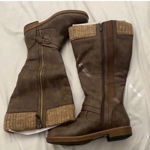 Torrid tall brown boots with sweater material around the cuff size 11w